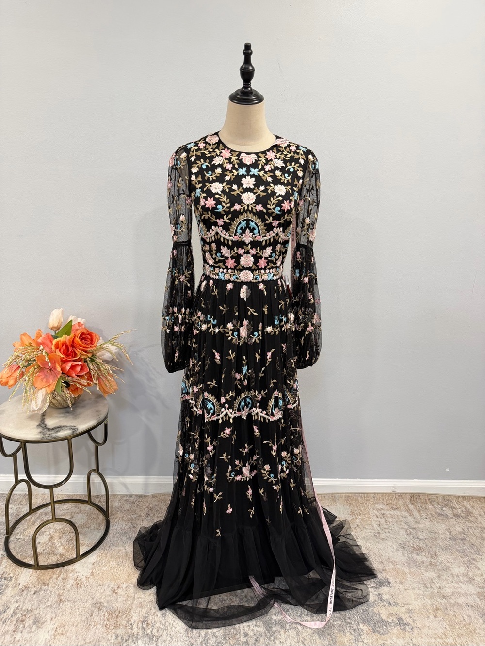 Mac Duggal Black Multi Floral Embroidered High Neck Illusion Sleeve Tiered Gown